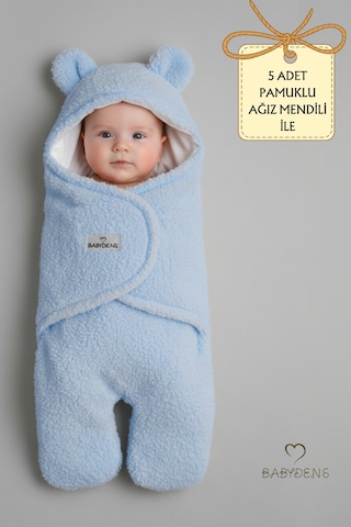 Babyden's 0-12 Ay Welsoft Peluş Bebek Dış Kundak Uyku Tulumu Ayıcık Kulaklı İçi %100 Pamuk Astarlı Battaniye Mavi