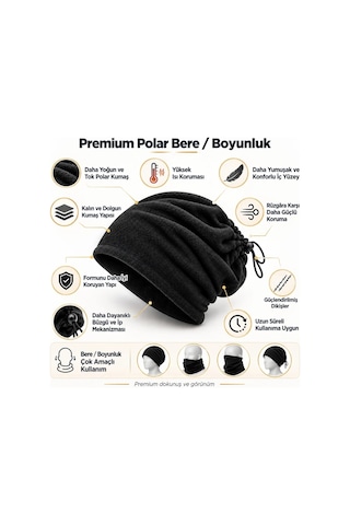 Elitse Unisex Premium Polar Bere Boyunluk 2 Adet Set 2'si 1 Arada Sıcak Tutan Rüzgar Korumalı Outdoor Siyah