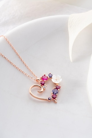 Nereze 925 Ayar Gümüş Manolya Çiçeği Renkli Taşlı Kalp Kolye