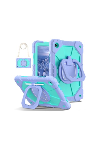 Youtek Samsung Tab A9 8.7" İçin Silikon+pc Tüm Yüzeyli Darbeye Dayanıklı Dönen Ayaklı Korumalı Kılıf - Pembe Mentol Yeşili