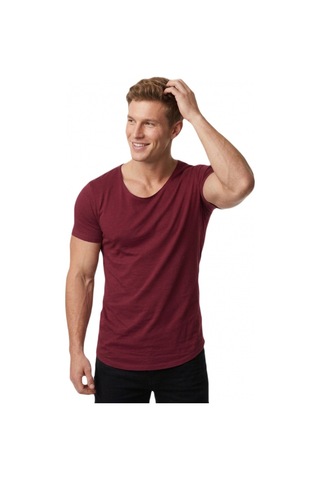 Deepsea Erkek Bordo Geniş Yaka Likralı Tişört Oval Yaka Slim Fit Eteği Oval Açık Yaka T-shirt 1801199 Bordo