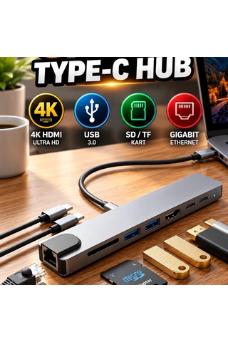 8 Port Type-c Hub 4k Hdmı, Usb, Sd Kart Ve Ethernet Bağlantılı Çoklayıcı
