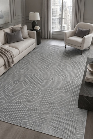 Novax Sedef Geometrik Antrasit Kaymaz Taban Yıkanabilir Salon Halısı