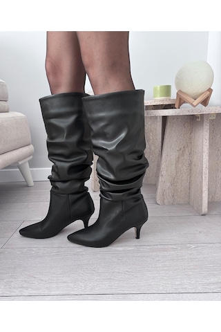 Asmi Shoes Kadın Oslo Topuklu Körüklü Şık Tarz Günlük Rahat Çizme Siyah Siyah