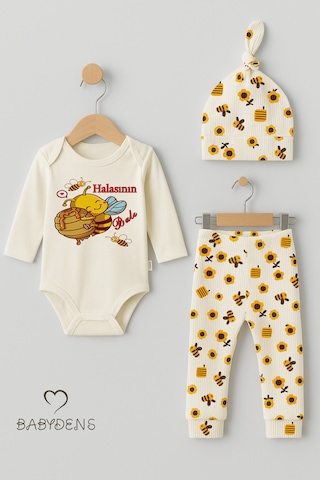 Babyden's Halasının Balı 3 Lü Yenidoğan Takım %100 Pamuk Uzun Kol Body,çiçek Arı Desenli Pantolon,bere Ekru