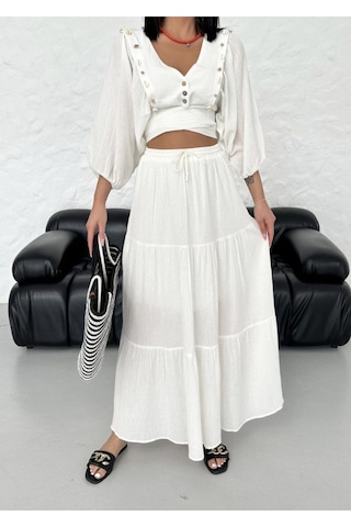 Midyeli V-yaka Bağlamalı Crop Dizaltı Etek Bluz Sahil 2li Takım Beyaz