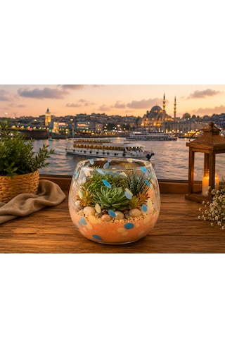 Üfleme Cam Teraryum Saksı Seti Turuncu Mavi Benekli Dekoratif Cam Kase Vazo 18x17 Cm