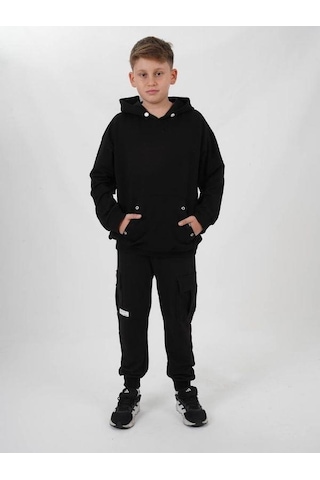 Çocuk Çıtçıt Detaylı Kapüşonlu Pamuklu Sweatshirt-14837 Siyah