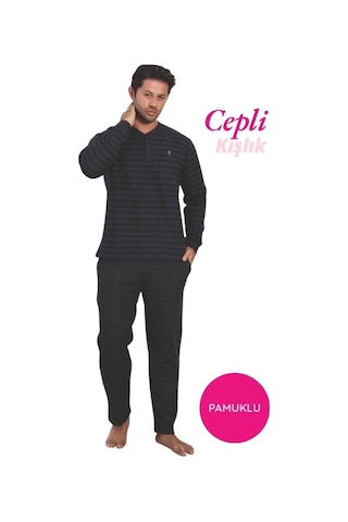 Erkek 3 Düğme Çizgili Kışlık Pamuklu Selanik Kumaş Uzun Manşetli Kol Cepli Pijama Takımı Lacivert-yeşil