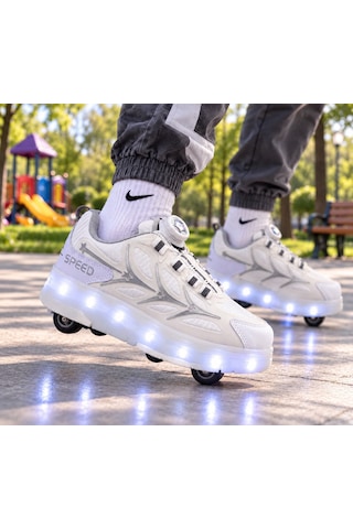 Papucumun Dünyası Işıklı Mekanizma Bağcıklı Unisex Patenli Sneaker Beyaz