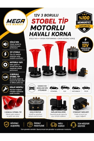 Mega Oto Market 12v 3 Borulu Stobel Tip Motorlu Havalı Korna