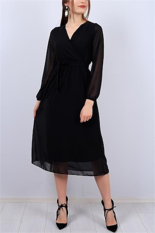 Neşeli Butik Kadın Siyah Kuşaklı Kruvaze Midi Şifon Elbise Nb2023 Siyah
