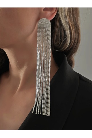 Uzun Sallantılı Tekli Beyoğlu Taşı Abiye Gold Renk Küpe Gümüş