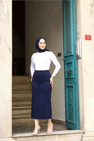 Kumaş Kalem Etek Lacivert Çok Renkli