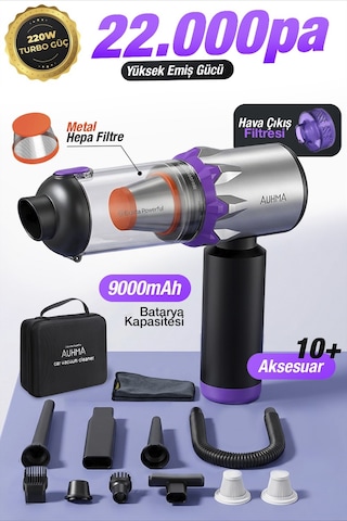 Auhma Ahv-29 Kablosuz Araç Süpürgesi 220w 22000pa Güçlü Vakum & Üfleme Özellikli Şarjlı Oto Süpürge Gri