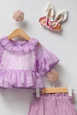 Cantoy Kız Bebek Tül Detaylı Şortlu Taçlı 3'lü Takım Mor