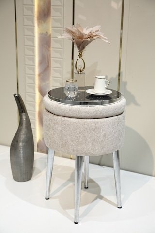 Bella Metal Ayaklı Puflu Teddy Kumaş Puf&sehpa Krom Beyaz Chrome White