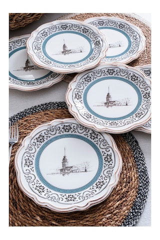 Kız Kulesi Desenli Porselen Pasta & Tatlı Tabağı Takımı İstanbul Motifli 6 Kişilik 6 Parça 21 Cm Beyaz