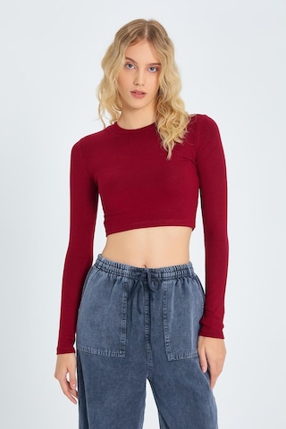 Mixray 2005 Kadın Bisiklet Yaka Parmak Geçmeli Crop Örme Bluz Bordo Bordo
