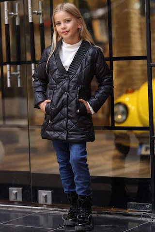 Riccotarz Kız Çocuk Yakası Şerit Ve Üzeri Kare Dikiş Detaylı Cepli Çıtçıt Düğme Şişme Siyah Mont Siyah