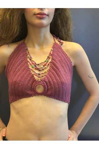 Gönülden Tasarım El Örgüsü Boncuk Kolyeli Kadın Büstiyer Crop Pembe