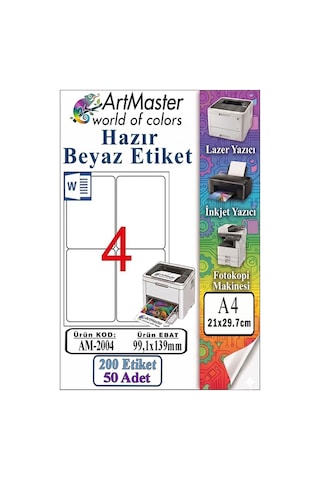 A4 Hazır Beyaz Etiket 99.1x139mm 50 Sayfa 1 Paket 4 Lü Kendinden Yapışkanlı Fotokopi Lazer İnkjet Kağıdı Yazıcılar İçin