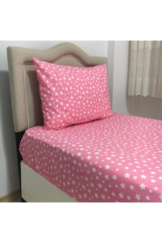 Lionas Tek Kişilik Pembe Yıldız Desenli Lastikli Çarşaf + Nevresim + 1 Adet Yastık Kılıfı Pembe