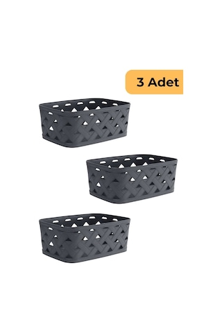 Deri Desenli Sepet, 3'lü Set, Antrasit Antrasit