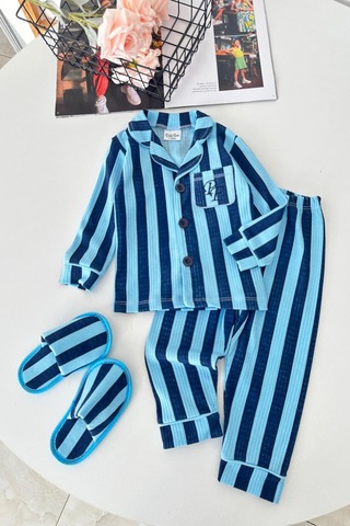 Minigimin Cicileri Çizgi Desenli Terlikli Erkek Çocuk Pijama Takımı - Mavi