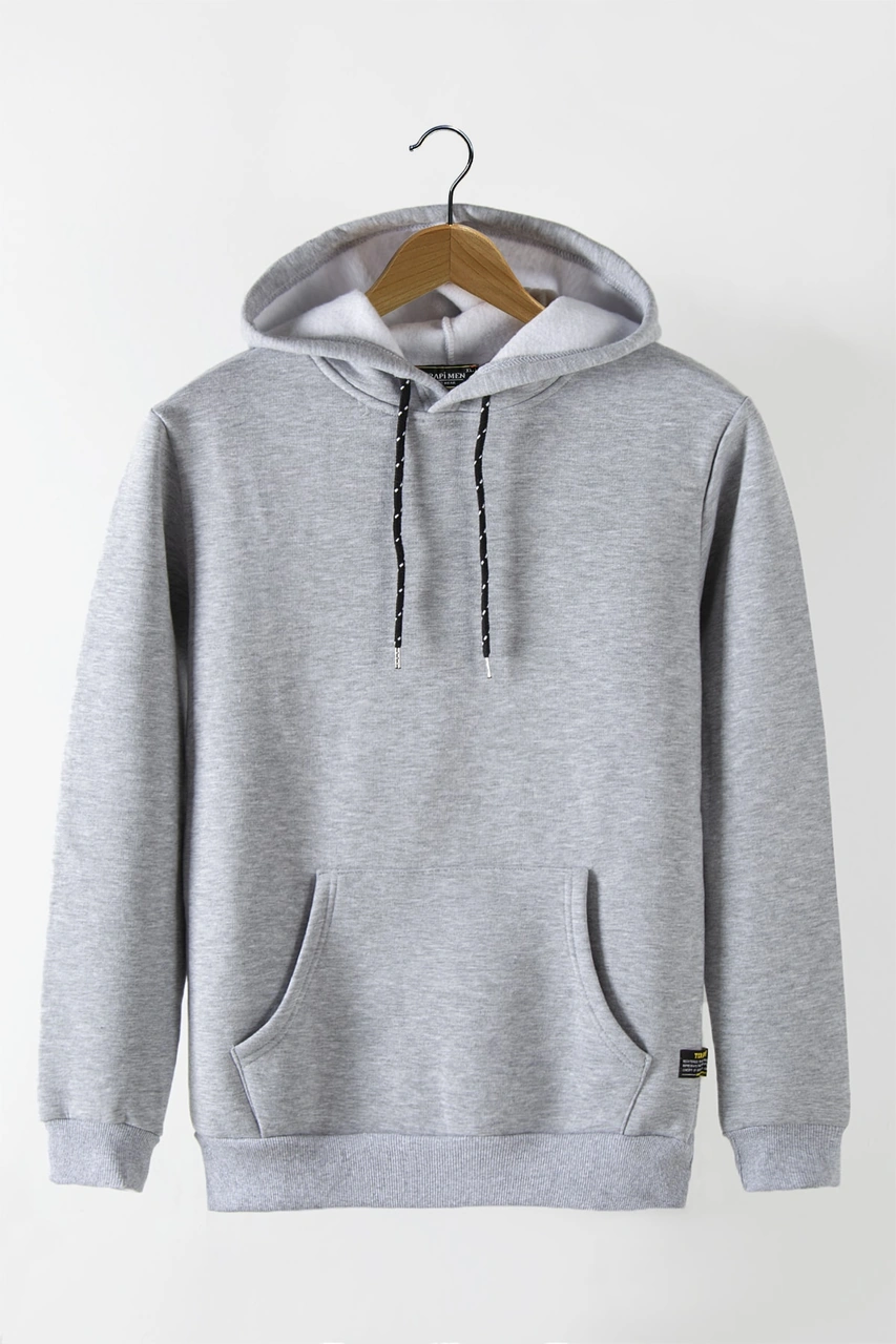 Terapi Men Erkek Gri Kapüşonlu Kanguru Cepli Basic Hoodie Sweatshirt Gri