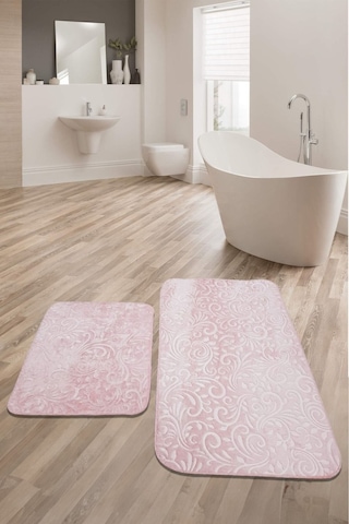 Emboss 2 Parça Pudra Peluş Banyo Paspası Takımı Kaymaz Taban Antrasit