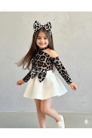 Kız Çocuk Leopar Desenli Ve Fiyonk Detaylı Takım Beyaz