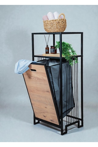 Dekoratif Kirli Sepetli Banyo Dolabı Ahşap Raflı Metal Gövdeli 2 Raflı Çamaşır Sepeti Banyo Düzenleyici Organizer Siyah