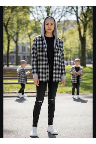 Gala Kolu Lastikli Kapüşonlu Ekoseli Unisex Çocuk Gömlek Siyah