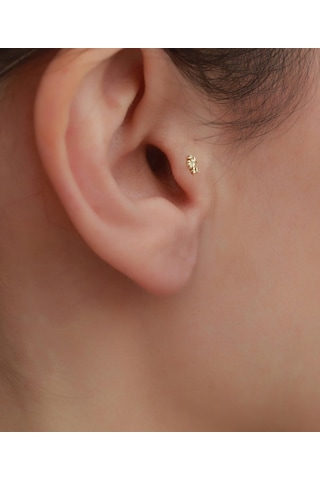 14 Ayar Altın Taşlı Kar Tanesi Tragus Piercing Sarı Altın
