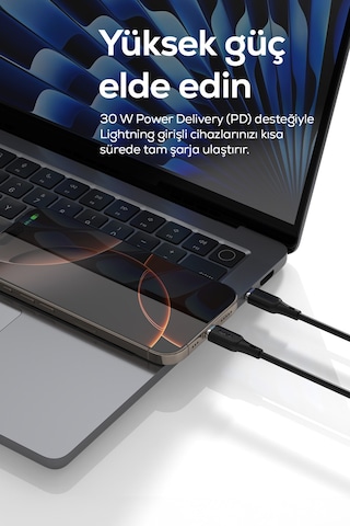 Type-c To Lightning İphone Şarj Kablosu 30w Pd Hızlı Şarj, 480mbps, 1.2m Siyah-v0207003