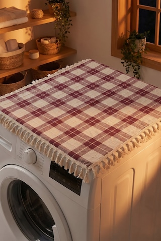 Bordo Vintage Püsküllü Çamaşır Makinesi Örtüsü - Çeyizlik Buldan Bezi Dekoratif Banyo Makine Kılıfı