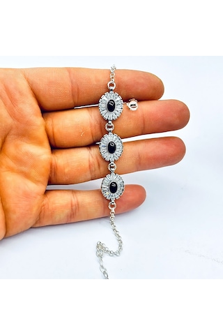 Oval Model Zirkon Ve Oltu Taşı İşçilikli 925 Ayar Gümüş Bileklik Gümüş - Siyah