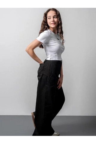 Zekids Kız Çocuk Fitilli Metal Yazılı Yarım Kollu Kaşkorse Crop-15804 Beyaz