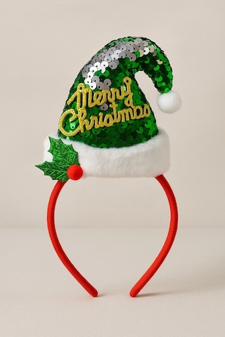 Yılbaşı Yeni Yıl Parlak Yeşil Pullu Merry Christmas Şapkalı Kırmızı Taç Parti Aksesuarı