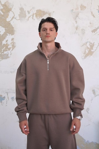Açık Kahve Cozy Basic Yarım Fermuar Oversize Sweatshirt Açık Kahverengi