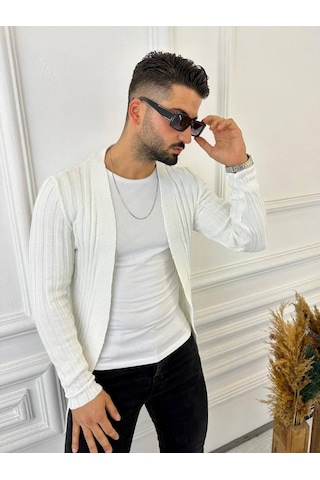 Elku Moda Hırka Örgülü Triko Desenli Şal Yaka Fit Örgü Hırka Beyaz