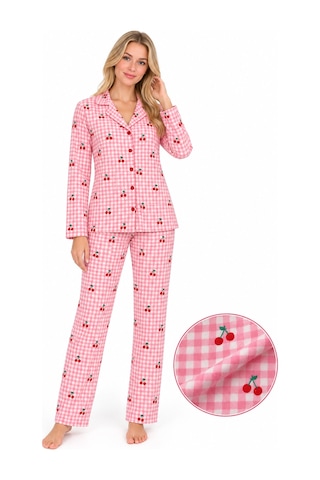 Sleeeproom Kadın Süet Düğmeli Mevsimlik Ekose Desen Pembe Pijama Takımı Pembe - Beyaz