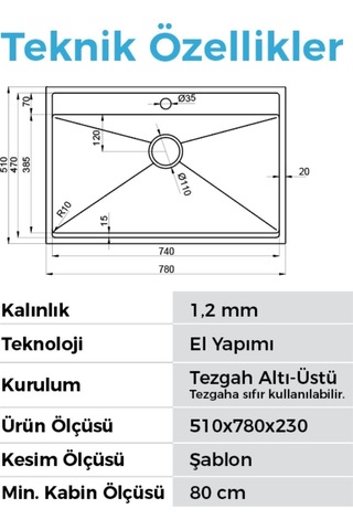 Crauf Poli 6303 Pvd Inox Tek Gözlü 51x78 Cm Paslanmaz Çelik Mutfak Eviyesi Inox