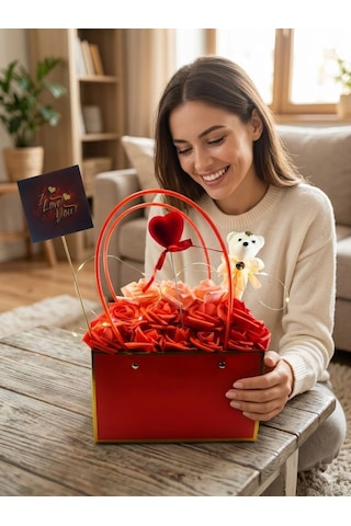 Işıklı Gül Aranjmanı I Love You Yazılı Kalpli Çanta Dolusu Güller Ayıcıklı Romantik Sevgili Hediyesi Led Işıklı Dekoratif Çiçek Gül Kırmızı + Pembe