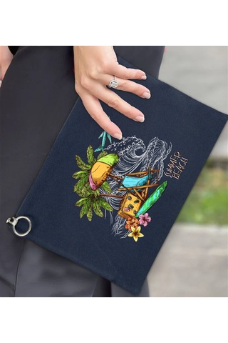 Bk Gift Yaz Temalı-9 Astarlı Lacivert Portföy Çanta 30x21cm, Baskılı El Çantası, Organizer Çanta