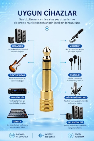 3.5mm Dişi - 6.35mm Erkek Ses Dönüştürücü Adaptör, Stereo Jak Çevirici, Kulaklık Mikrofon Hoparlör Amfi Mikser Uyumlu, Altın Kaplama, Metal Gövde, Tak Çalıştır S310