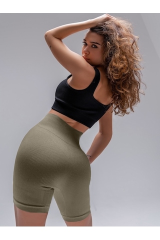 Mistirik Dublin Model Yüksek Bel Fitilli Seamless Biker Şort Camel Renk027 Camel