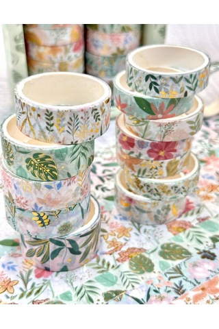 Kare Vintage Washi Tape Bant Yapışkanlı Maskeleme Kağıdı Desenli Bant 12'li - Yeşil Çiçekler 1