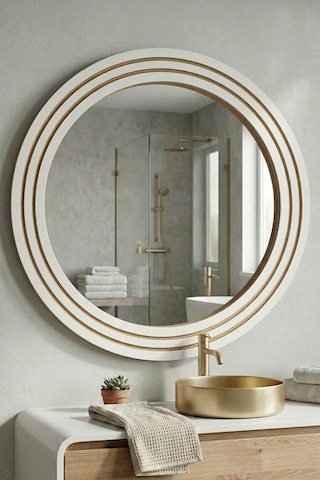 Antik Ahşap Beyaz Dekoratif Ayna Banyo Lavabo Aynası Yuvarlak Ayna Duvar Aynası 55x69 Byz-103